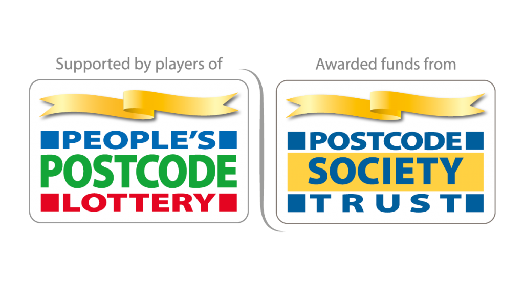 People's postcode Lottery & Postcode Society Trust logos. Proudly our 2023 - 2024 sponsor for our Woking Wellbeing space.